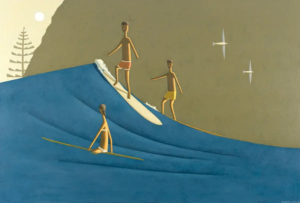The Point by Craig Parnaby - An artwork of three surfers in the ocean. The Moon, a mountain, a tree and two birds are in the background.