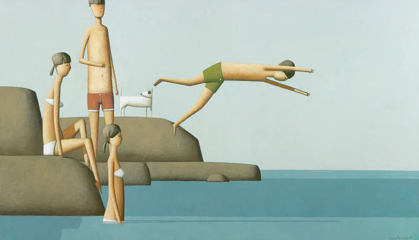 The Pools by Craig Parnaby - An artwork of a group of four people and a dog playing by the ocean, and one person is diving in. 