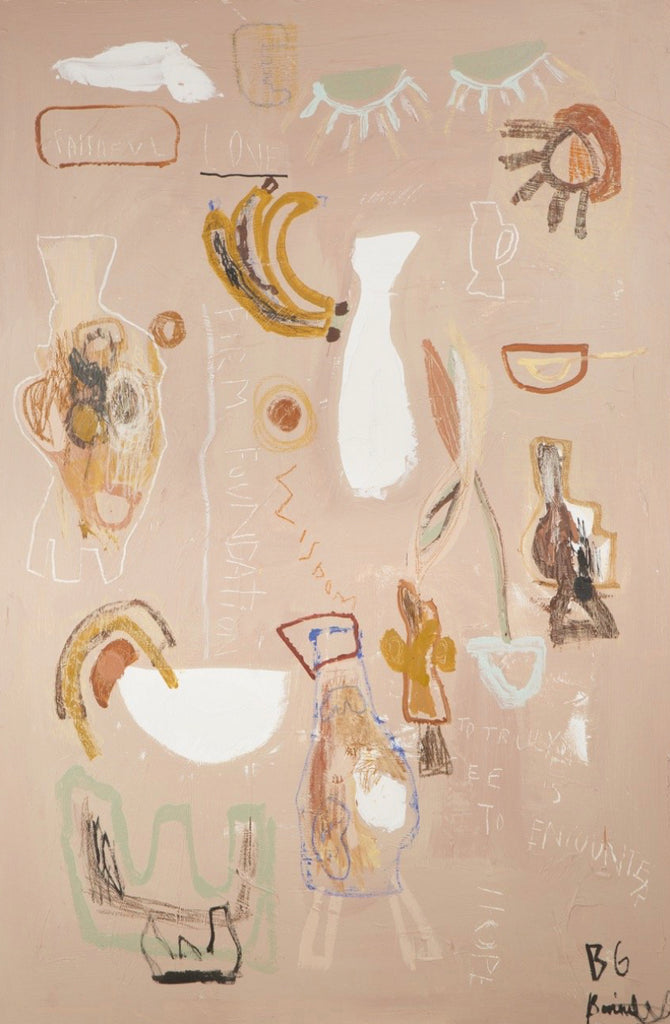 Truly See by Bonnie Gray - Sandy coloured background with drawings of banana's sculptures, eyes and objects