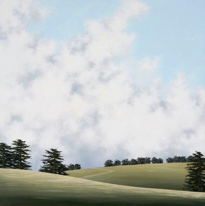Whispering Pines by Debbie Mackenzie - An earthy artwork of a green field with trees and blue sky with clouds