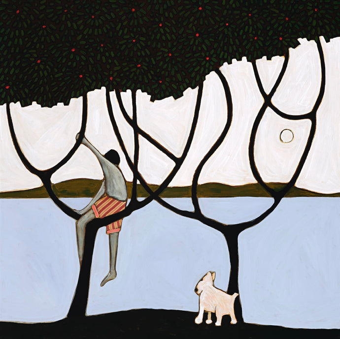 Witness by John Baird. A painting of a landscape scene with children playing in trees.