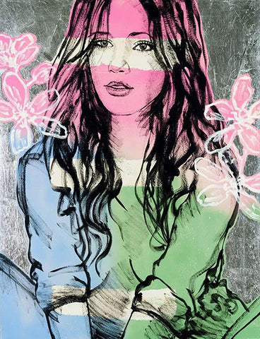 Zippora with Flowers - An art print of a woman with flowers in black and white with panels of pink, green and blue.