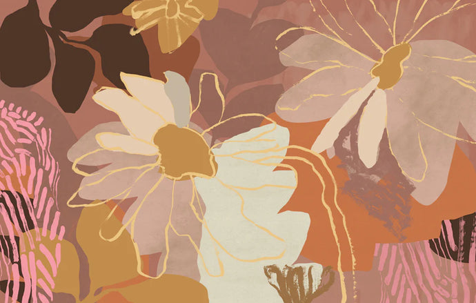 Isla I by Kimmy Hogan - An abstract floral art print made of purple, pink, orange and brown.